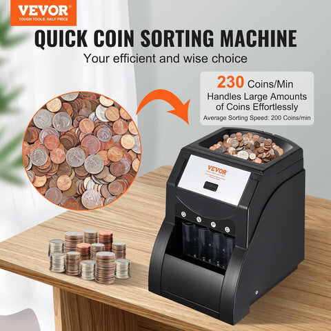 VEVOR Coin Sorter Organizer for USD Coins, Sorts 1¢, 5¢, 10¢, 25¢, 230 Coins/Min, Includes 4 Coin Wrapping Tubes, Capacity of 200 Coins, Black - with Black | Sold by Uncle Wiener's Wholesale