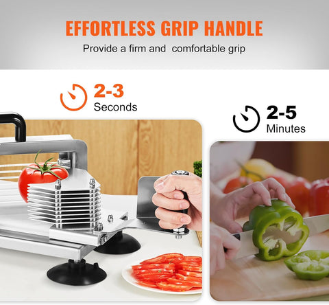 VEVOR 3/16 inch tomato slicer stainless steel heavy duty commercial kitchen cutter
Manual tomato cutter machine with ergonomic handle and anti-slip feet
Stainless vegetable slicer for tomatoes, cucumbers, peppers, and fruit
Durable 420J1 steel blade slicer with detachable design for easy cleaning