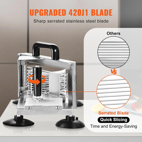 VEVOR 3/16 inch tomato slicer stainless steel heavy duty commercial kitchen cutter
Manual tomato cutter machine with ergonomic handle and anti-slip feet
Stainless vegetable slicer for tomatoes, cucumbers, peppers, and fruit
Durable 420J1 steel blade slicer with detachable design for easy cleaning