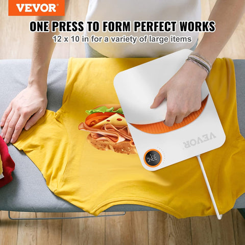 VEVOR 10x12 inch heat press machine front angle
Portable heat press with digital LED display
T-shirt sublimation heat transfer with VEVOR press
Safety features on a compact press for DIY use
Complete heat press machine for vinyl and fabric printing
