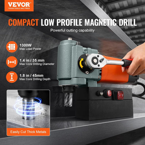 VEVOR Low Profile Magnetic Drill 1300 W, Magnetic Column Drill Max. 35 mm Drilling Diameter with Cooling Device and Overload Protection, for Construction - with | Sold by Uncle Wiener's Wholesale