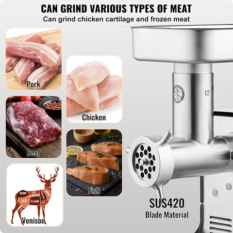 VEVOR Meat Grinder, 0.75 HP 650W, 2,7kg/Min Electric Meat Grinders with Blade, Grinding Plate, Sausage Maker, Stainless Steel Commercial Meat Mincer for Kitchen Restaurant Butcher Store, ETL Listed - with | Sold by Uncle Wiener's Wholesale