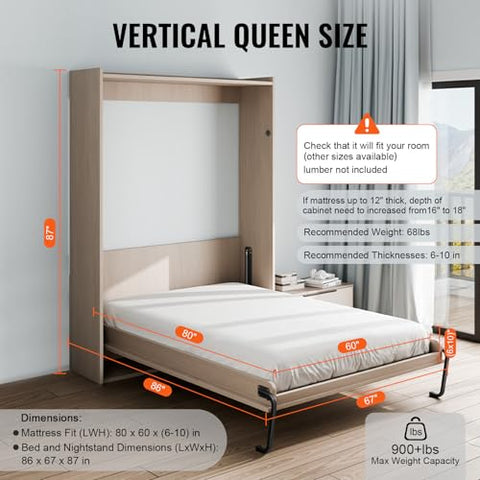 VEVOR Murphy Bed Kit, Queen Size, Vertical Deluxe DIY Wall Bed Mechanical Hardware Kit, Pneumatic Lever Heavy Duty Bed Frame Support, Folding Cabinet Wall Bed Space Saving Design for Guestroom - with | Sold by Uncle Wiener's Wholesale