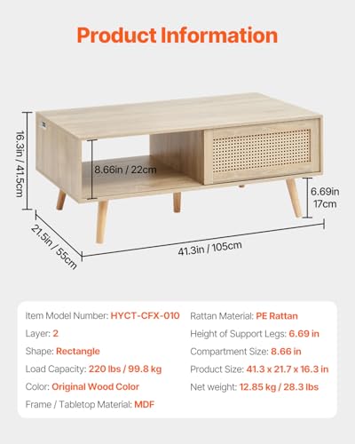 VEVOR Rattan Coffee Table, Mid Century Modern Table, Rectangle Wood Table, 42 Inch Modern Boho Style Two Layers Storage Coffee Table, for Living Room, Bedroom & Small Spaces - with Original Wood Color | Sold by Uncle Wiener's Wholesale