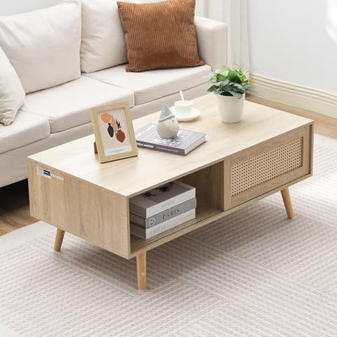 VEVOR Rattan Coffee Table, Mid Century Modern Table, Rectangle Wood Table, 42 Inch Modern Boho Style Two Layers Storage Coffee Table, for Living Room, Bedroom & Small Spaces - with Original Wood Color | Sold by Uncle Wiener's Wholesale