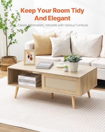 VEVOR Rattan Coffee Table, Mid Century Modern Table, Rectangle Wood Table, 42 Inch Modern Boho Style Two Layers Storage Coffee Table, for Living Room, Bedroom & Small Spaces - with Original Wood Color | Sold by Uncle Wiener's Wholesale