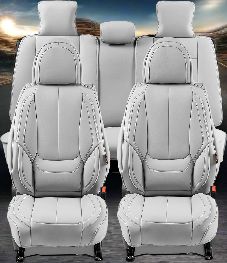 VEVOR universal full set car seat covers – front and rear
Faux leather seat covers for SUVs and trucks
Airbag-compatible car seat cover installation view
Universal fit car seat covers with storage pockets
Complete 13-piece car seat cover set in grey