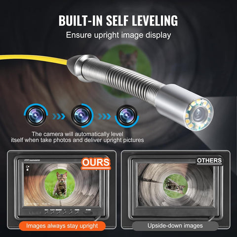 VEVOR sewer inspection camera system with 9 inch monitor and 165 ft cable
Plumbing camera with 512Hz locator and self-leveling head
Drain pipe inspection camera with HD screen and LED lights
Waterproof pipe camera for underground pipe inspections
VEVOR 165ft snake camera system in rolling aluminum case