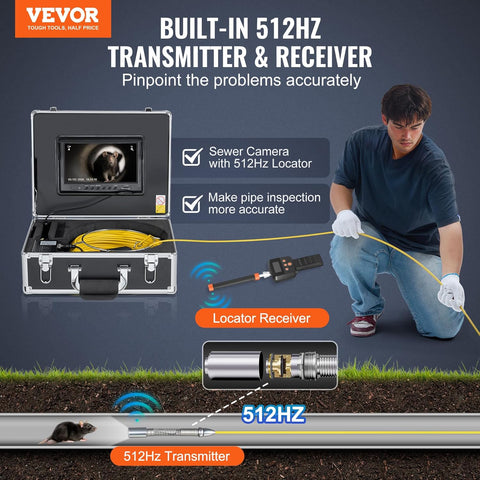 VEVOR sewer inspection camera system with 9 inch monitor and 165 ft cable
Plumbing camera with 512Hz locator and self-leveling head
Drain pipe inspection camera with HD screen and LED lights
Waterproof pipe camera for underground pipe inspections
VEVOR 165ft snake camera system in rolling aluminum case