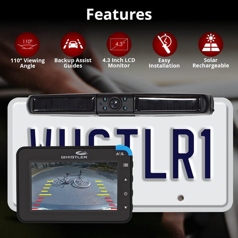 Whistler Backup Camera, 4.3" LCD Monitor, IP65 Weather Resistant, Solar Charging, No Hardwire, 110° Wide Rear View with LED Lights, Backup Assist Grid Lines - with Black | Sold by Uncle Wiener's Wholesale