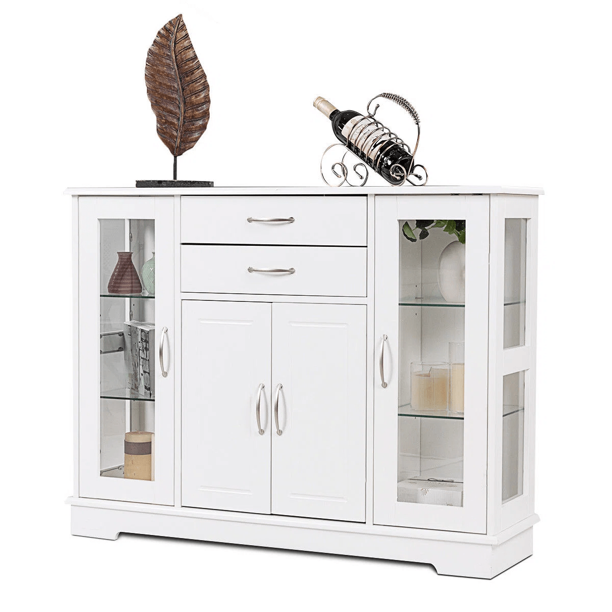 White Buffet Sideboard Cabinet with Glass Doors, Drawers & Display Shelves KI004W - with | Sold by Uncle Wiener's Wholesale