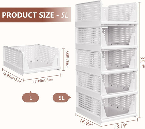 Side angle view of stackable plastic storage drawers in closet