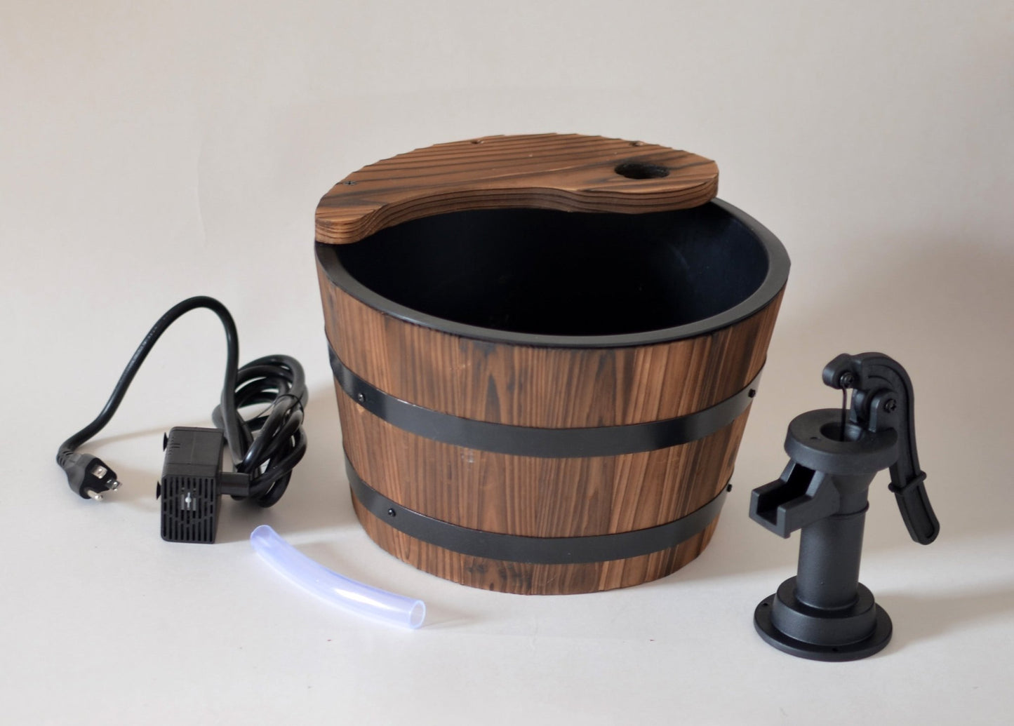 Wood Barrel Water Fountain – Rustic Hand Pump Outdoor Garden Decor WWF48 - with | Sold by Uncle Wiener's Wholesale