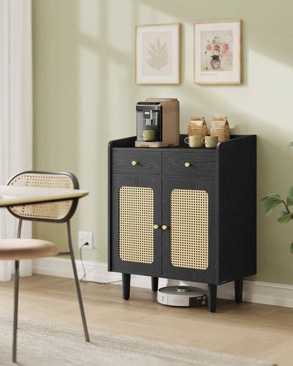 Boho Buffet Cabinet with Rattan-Style Doors & 2 Drawers – Adjustable Shelf Sideboard Storage Cabinet Ebony Black BBK343B01