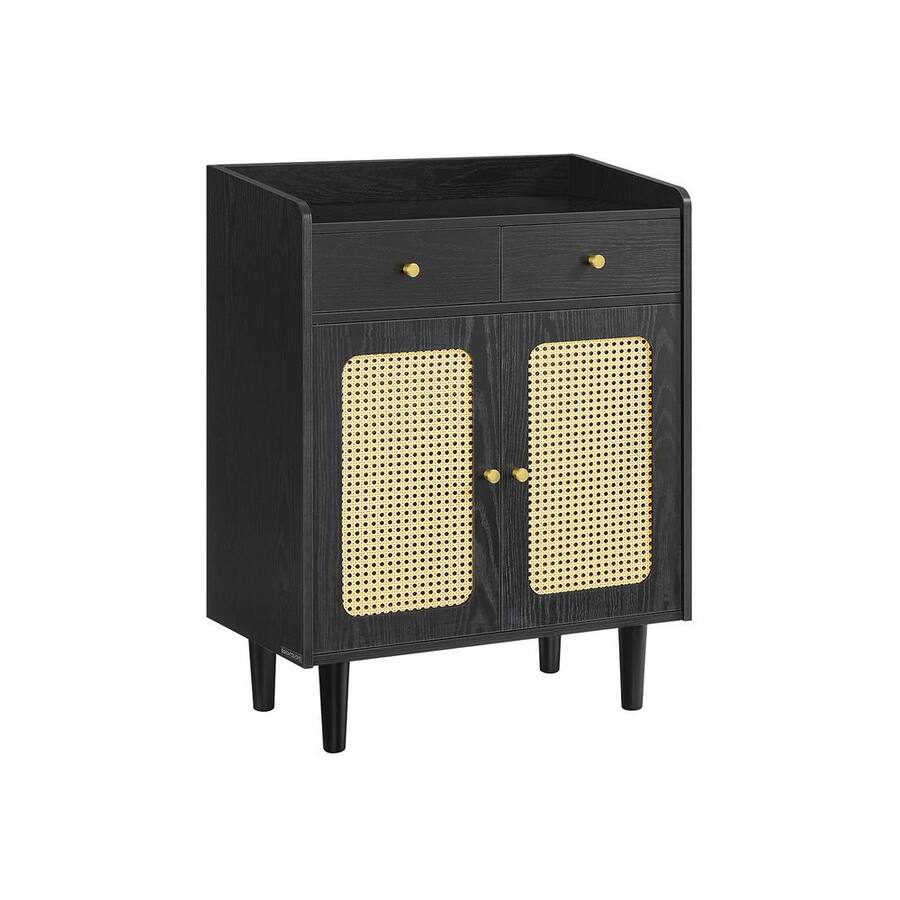 Boho Buffet Cabinet with Rattan-Style Doors & 2 Drawers – Adjustable Shelf Sideboard Storage Cabinet Ebony Black BBK343B01