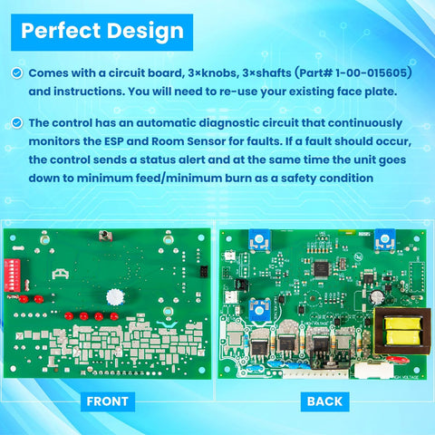 OEM control board PCB for Harman PF100 pellet stove
Heatilator BA100 pellet furnace replacement circuit board
1-00-05888 control board with knobs and wiring
Compatible pellet stove circuit board with dip switch