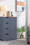 Gray 4-drawer floor cabinet with adjustable shelf
White MDF bathroom storage cabinet
Side view of modern drawer cabinet
Floor cabinet with 4 drawers and 1 door
Compact utility cabinet for kitchen or bath