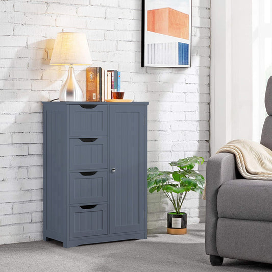 Gray 4-drawer floor cabinet with adjustable shelf
White MDF bathroom storage cabinet
Side view of modern drawer cabinet
Floor cabinet with 4 drawers and 1 door
Compact utility cabinet for kitchen or bath