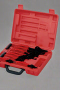Full 11-piece snap ring plier set with red carrying case
Internal and external circlip pliers set close-up
Hook tools included in snap ring tool kit
Red blow-molded storage case with pliers
Durable steel snap ring pliers with ergonomic grips