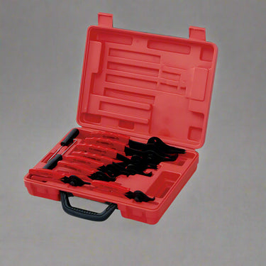 Full 11-piece snap ring plier set with red carrying case
Internal and external circlip pliers set close-up
Hook tools included in snap ring tool kit
Red blow-molded storage case with pliers
Durable steel snap ring pliers with ergonomic grips