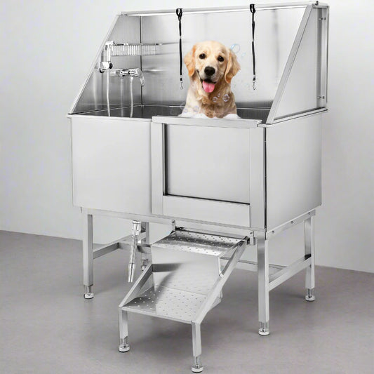 stainless steel dog grooming tub with ramp
pet grooming bath station 50 inch
professional dog bathtub with sprayer
sliding door dog grooming tub
pet grooming tub for commercial use