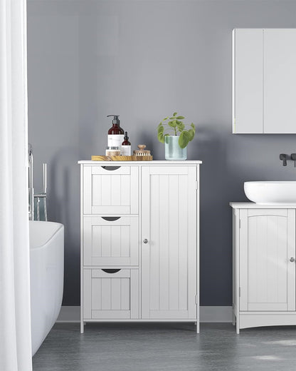 white bathroom cabinet with drawers and shelf
modern floor cabinet in white MDF
slim bathroom storage furniture
bathroom organizer with 3 drawers and adjustable shelf
compact cabinet for toiletries and towels