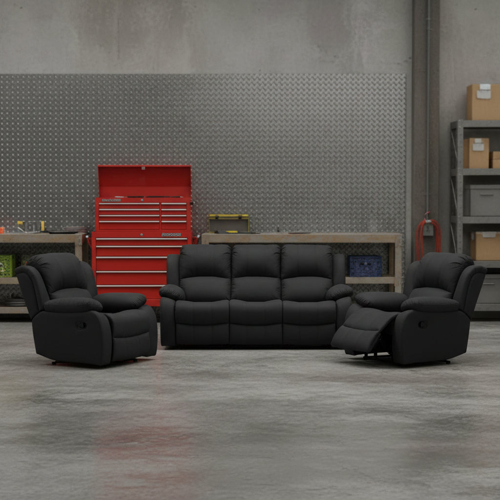 3-piece recliner set – Nubuck air leather in black

Reclining loveseat and chair with padded arms

Reclining living room furniture set – gray

Close-up of faux leather texture on modern recliner

Full living room setup featuring 3 recliner pieces