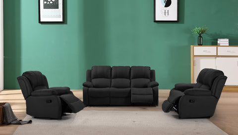 3-piece recliner set – Nubuck air leather in black

Reclining loveseat and chair with padded arms

Reclining living room furniture set – gray

Close-up of faux leather texture on modern recliner

Full living room setup featuring 3 recliner pieces