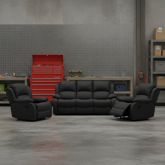 3-piece recliner set – Nubuck air leather in black

Reclining loveseat and chair with padded arms

Reclining living room furniture set – gray

Close-up of faux leather texture on modern recliner

Full living room setup featuring 3 recliner pieces