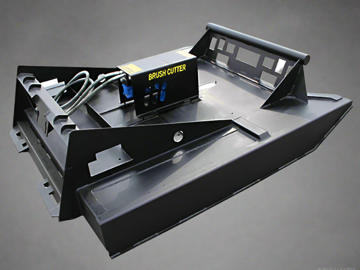72 inch skid steer brush mower angled view

Underside of heavy-duty cutting blades

66 inch mower installed on skid steer

Skid steer clearing brush and saplings

Blade set and replacement part display