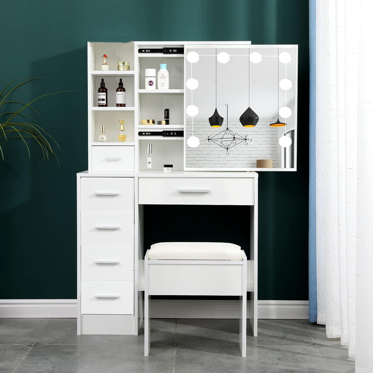 White Hollywood Vanity Set with LED Mirror, Drawers, and Padded Stool
