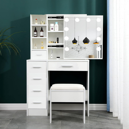 White Hollywood Vanity Set with LED Mirror, Drawers, and Padded Stool