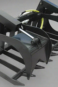 72" skid steer grapple bucket front view

84" rock grapple on skid steer in action

Close-up of dual hydraulic cylinder and hose setup

Heavy-duty tines and steel frame

Grapple holding large rocks and debris

