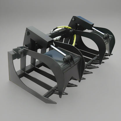 72" skid steer grapple bucket front view

84" rock grapple on skid steer in action

Close-up of dual hydraulic cylinder and hose setup

Heavy-duty tines and steel frame

Grapple holding large rocks and debris

