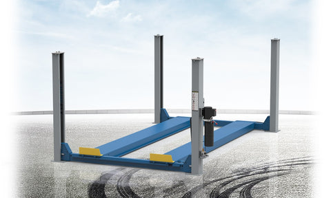 Blue 4-post car lift in a workshop setting

Top-down view of the HFL4065E vehicle lift

Vehicle raised on blue 4-post lift

Hydraulic-powered truck lift hoist

Portable heavy-duty automotive lift with ramps