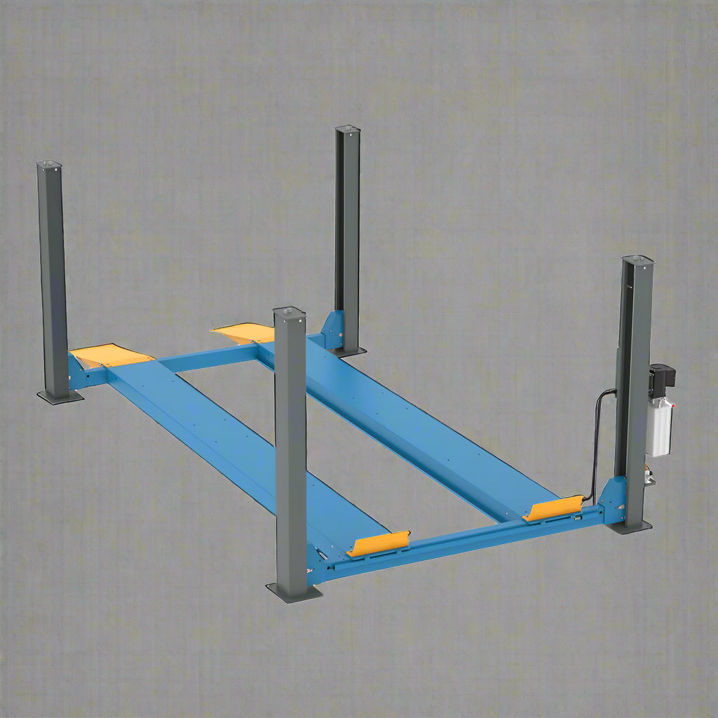 Blue 4-post car lift in a workshop setting

Top-down view of the HFL4065E vehicle lift

Vehicle raised on blue 4-post lift

Hydraulic-powered truck lift hoist

Portable heavy-duty automotive lift with ramps