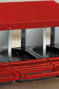 Red metal 3-compartment chicken nest box

Side view of egg collection tray under lid

Backyard chicken rollaway egg box

Nest box mounted in a small chicken coop

