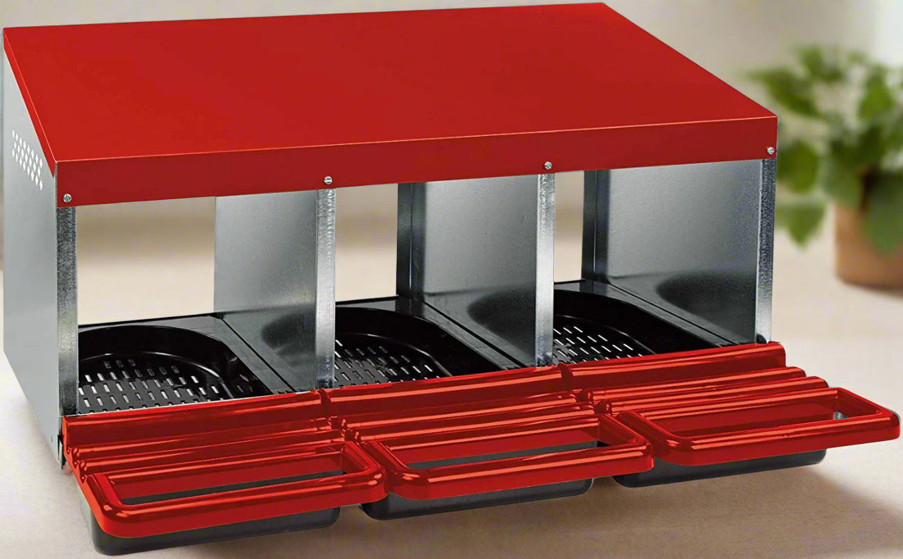 Red metal 3-compartment chicken nest box

Side view of egg collection tray under lid

Backyard chicken rollaway egg box

Nest box mounted in a small chicken coop

