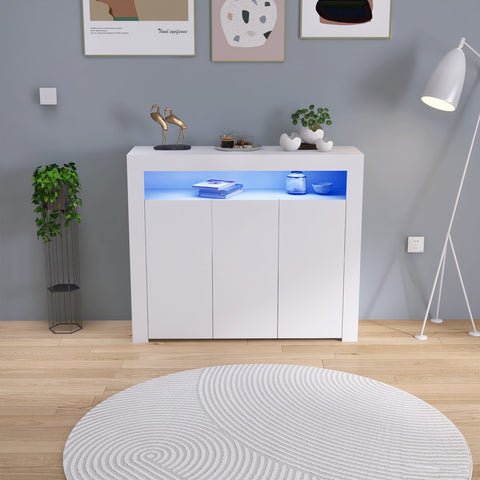 Black LED gloss sideboard in living room with lights on
White gloss LED storage cabinet with soft glow
Close-up of cabinet doors with glossy finish
Side angle showing multicolor LED lighting
Living room setup with LED sideboard beneath TV
White version styled in modern kitchen