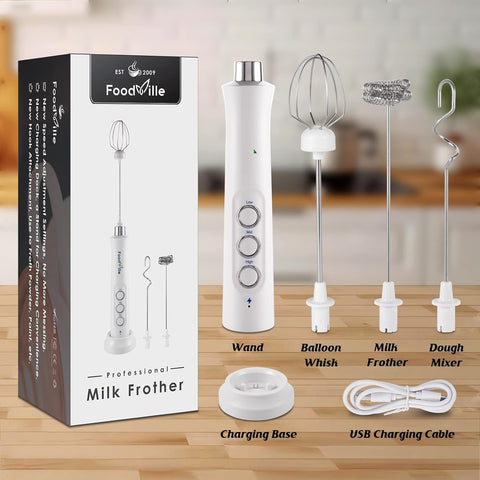 New Electric Coffee Milk Frother USB Rechargeable Handheld Whisk & Egg Beater – 3 Speeds, Stainless Steel, Portable