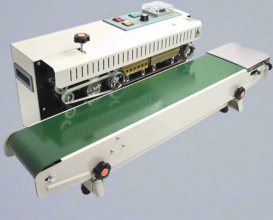 Commercial band sealer with conveyor – front view

Food bag sealing machine with print feature

Industrial automatic sealer in green

FR880 band sealer machine close-up