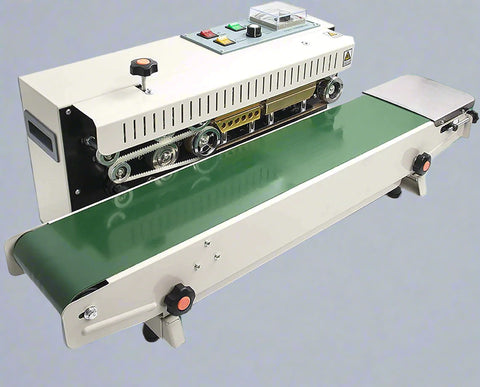 Commercial band sealer with conveyor – front view

Food bag sealing machine with print feature

Industrial automatic sealer in green

FR880 band sealer machine close-up