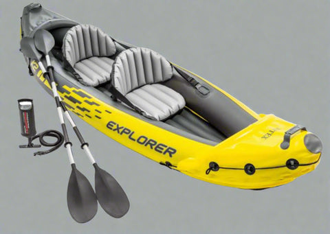 Intex Explorer K2 inflatable kayak on water with paddles

Top view of Explorer K2 kayak with seats and pump

Close-up of inflatable cockpit seats

Full kayak set with oars, pump, and skeg

Explorer K2 in yellow – packaged with accessories