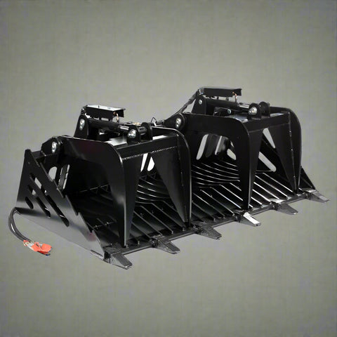 Skeleton grapple bucket with dual hydraulic arms

72-inch rock bucket with fine grade tine spacing

Skid steer rock rake attachment for sorting debris

Side view of grapple arms open and closed