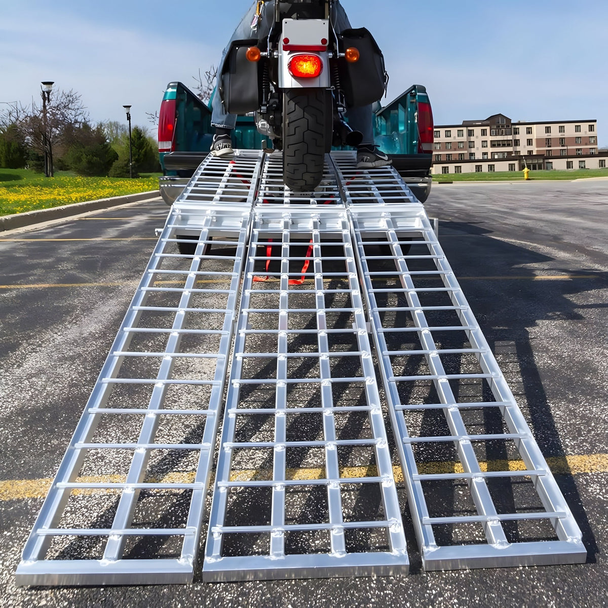 Motorcycle Work Ramp 10' Aluminum Motorcycle Ramp – 1500 lb Capacity, Foldable, Arched Desi ...