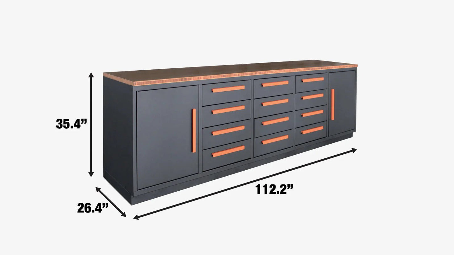 10 Ft 12 - Drawer & 2 - Cabinet Steel Workbench – Heavy - Duty Industrial Tool Storage - 12 - Drawer Steel Workbench with Red | Sold by Uncle Wiener's Wholesale