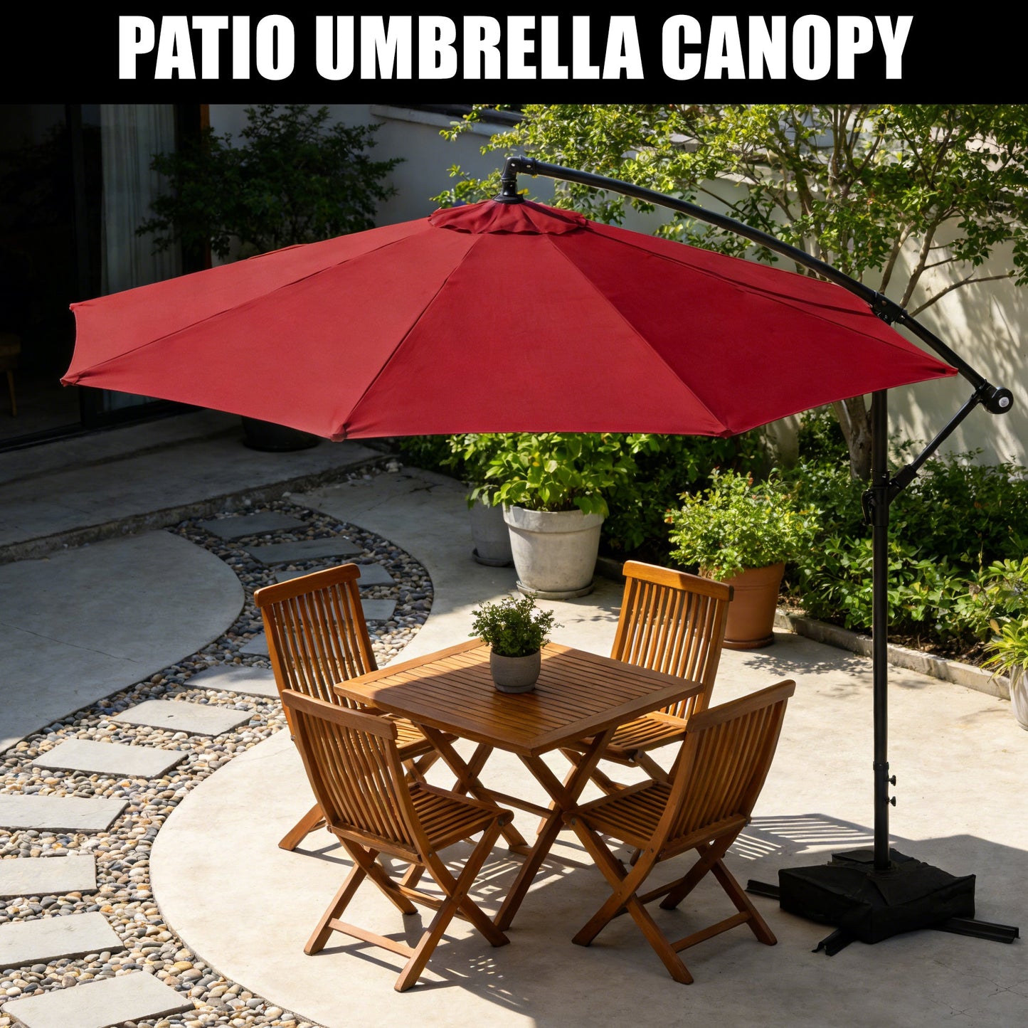 10 ft Hanging Offset Patio Umbrella with Crank and Sand Bag Included - with Red | Sold by Uncle Wiener's Wholesale