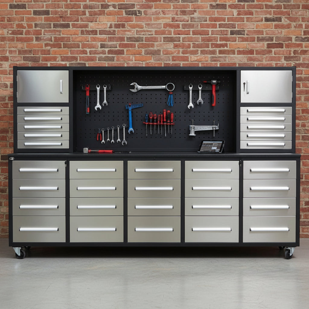 10 FT Heavy - Duty Modular Tool Bench & Cabinet System with 30–40 Lockable Drawers Workbench - with Stainless Steel 30 Drawer | Sold by Uncle Wiener's Wholesale
