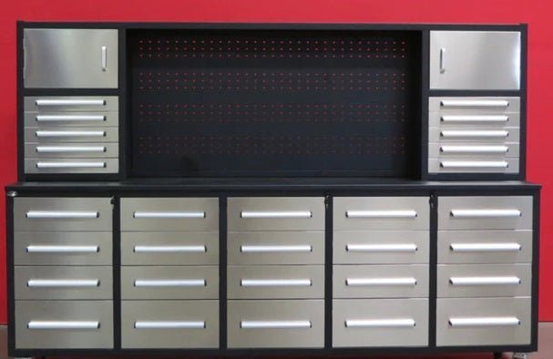 10 FT Heavy - Duty Modular Tool Bench & Cabinet System with 30–40 Lockable Drawers Workbench - with Stainless Steel 30 Drawer | Sold by Uncle Wiener's Wholesale