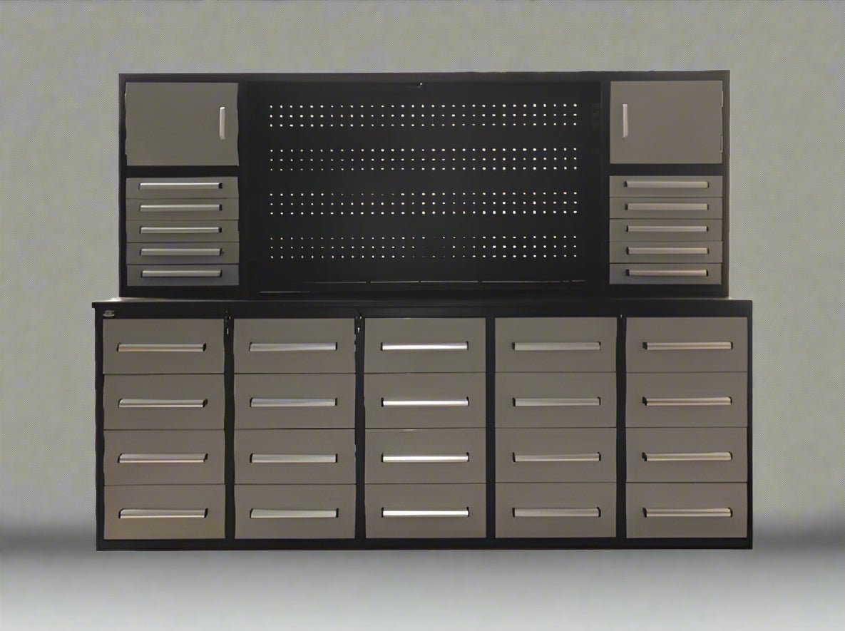 10 FT Heavy - Duty Modular Tool Bench & Cabinet System with 30–40 Lockable Drawers Workbench - with Stainless Steel 30 Drawer | Sold by Uncle Wiener's Wholesale